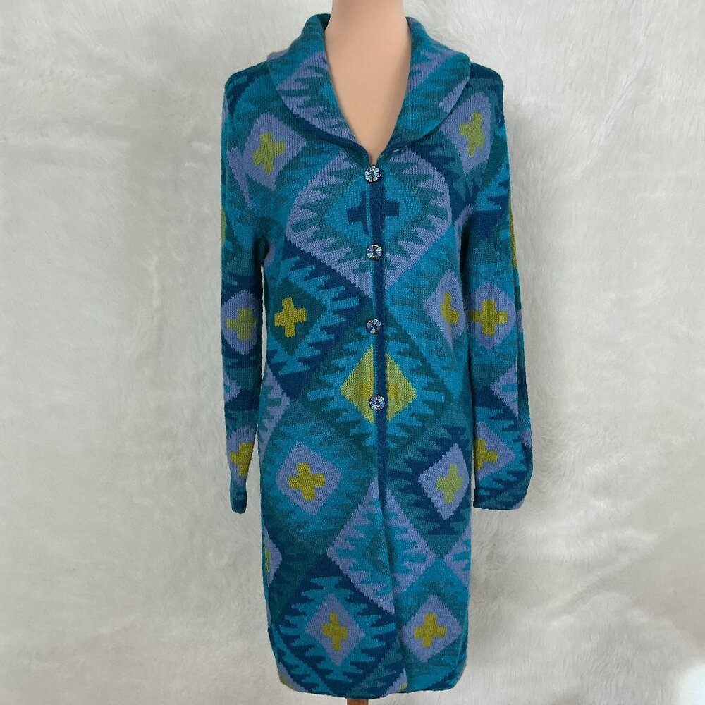 Tey Art Green, Blue, Yellow Southwestern Alpaca Wool Duster Cardigan Sweater M